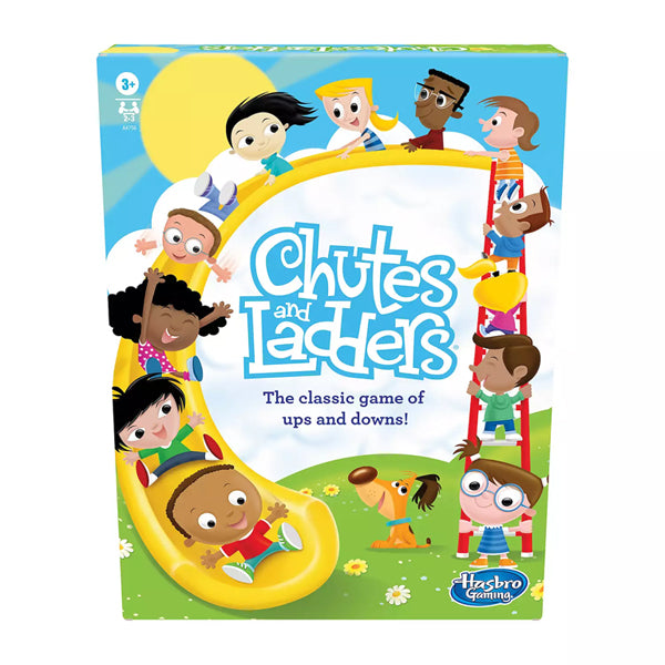 Box cover of Hasbro Chutes & Ladders Board Game for Kids 2-4 Players by Hasbro, featuring animated children on slides and ladders with the tagline The classic game of ups and downs!.